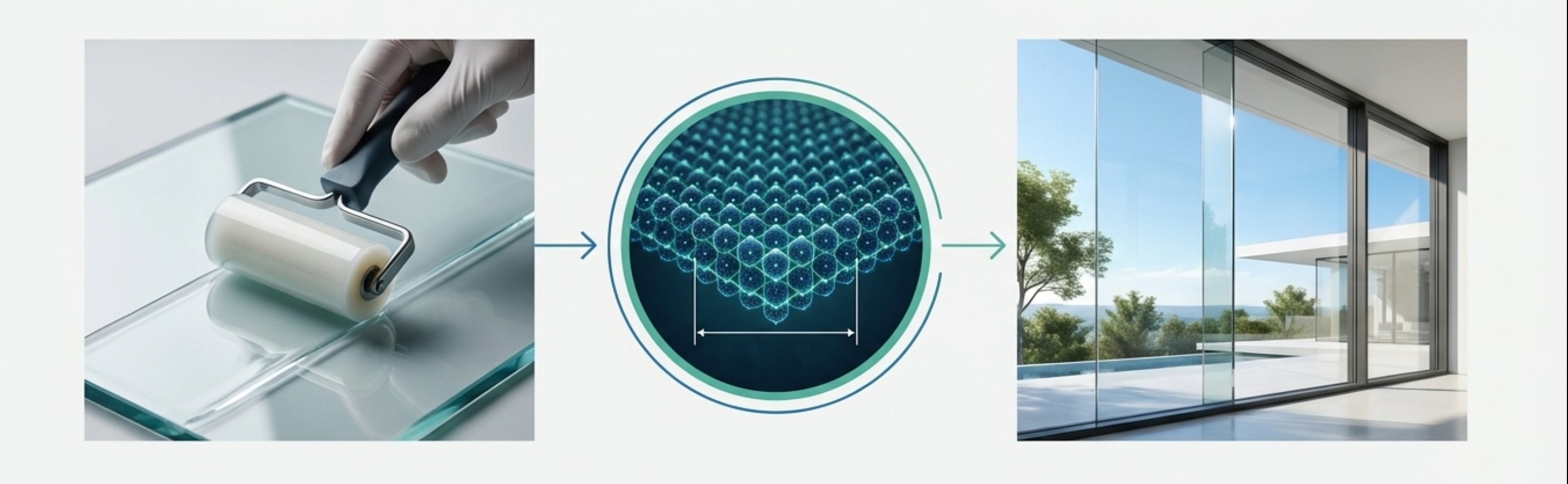 滾塗施工 → 奈米結構固化 → 完美透明窗戶 三步驟示意